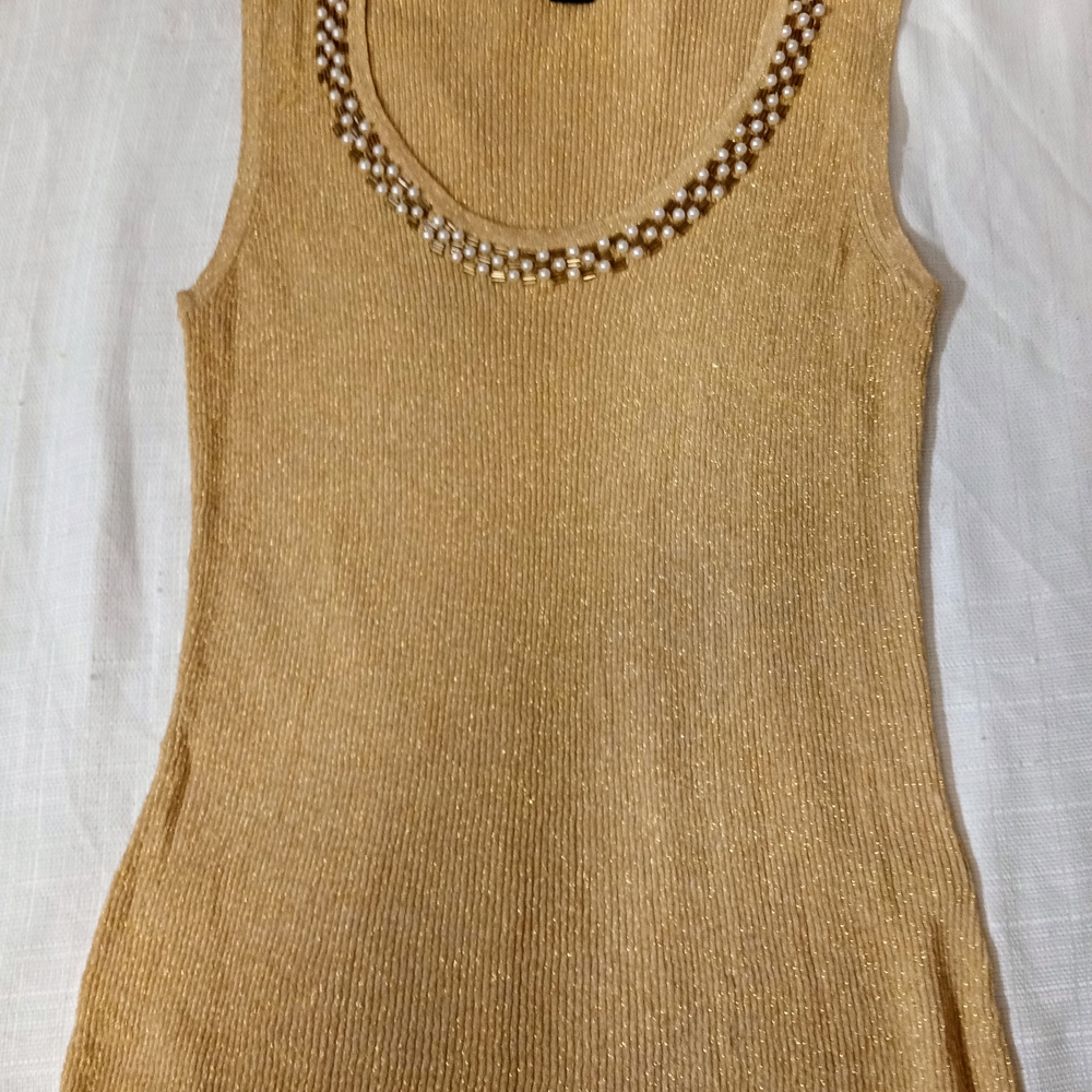 August Silk Gold Tank Top with Beaded Neckline